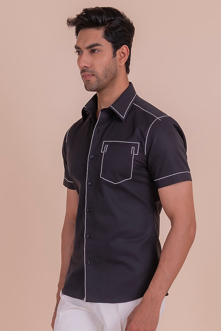 Black Cotton Thread Embroidered Shirt by Design O Stitch Men