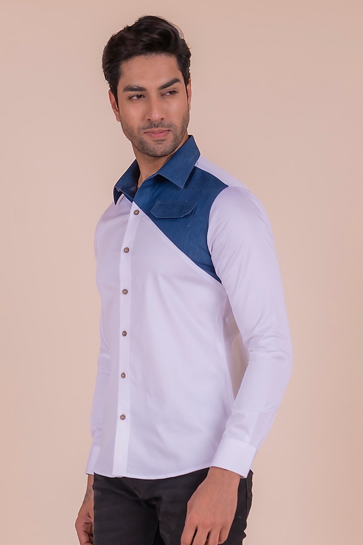 White Cotton & Denim Shirt by Design O Stitch Men at Pernia's Pop Up Shop