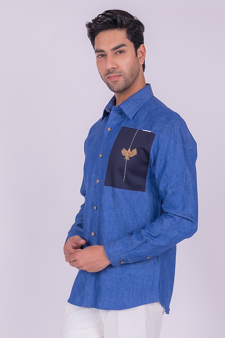 Blue Cotton Linen Hand Embroidered & Abstract Printed Shirt by Design O Stitch Men