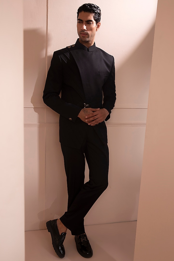 Black Suiting Bandhgala Set by Design O Stitch Men