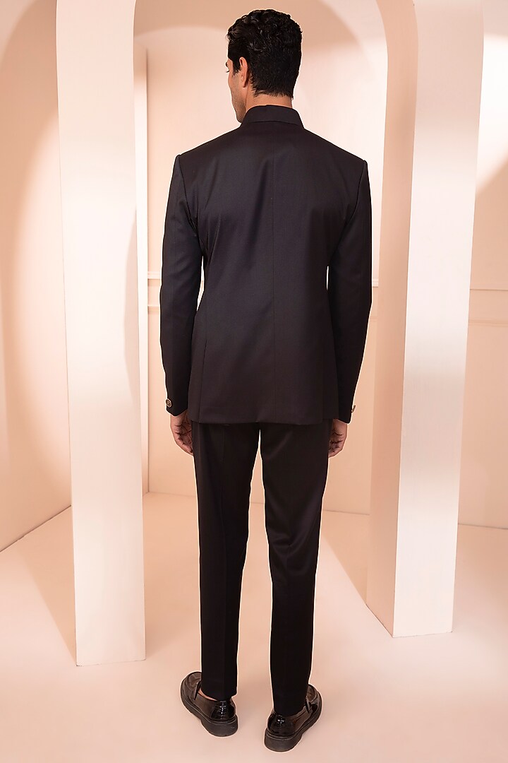 Black Suiting Wedding Bandhgala Set by Design O Stitch Men at Pernia's Pop Up Shop