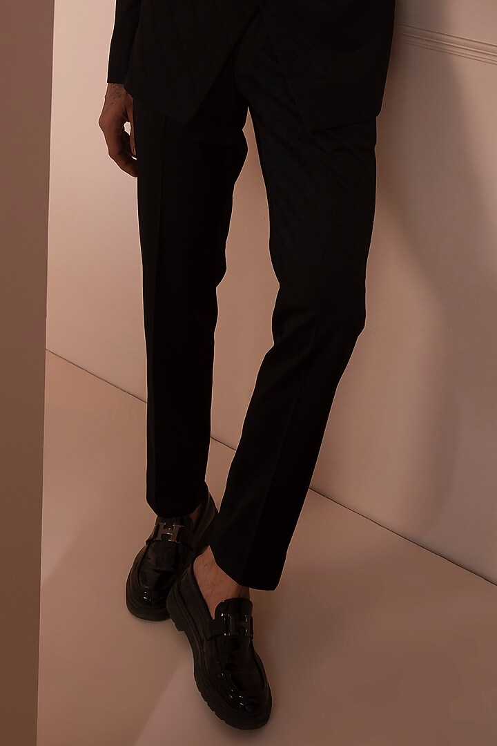 Black Suiting Wedding Bandhgala Set by Design O Stitch Men at Pernia's Pop Up Shop
