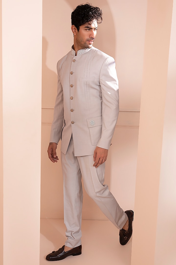 Light Grey Suiting Embroidered Bandhgala Set by Design O Stitch Men