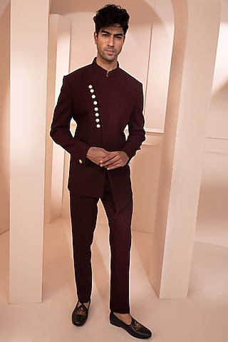 Wine Suiting Bandhgala Set by Design O Stitch Men