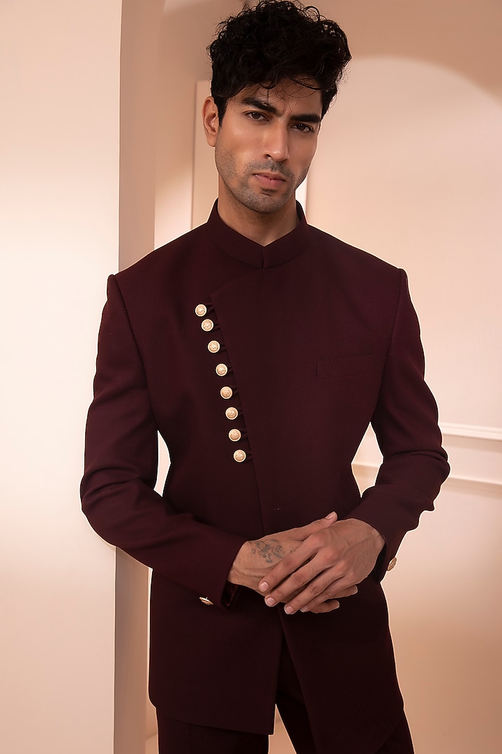 Wine Suiting Wedding Bandhgala Set by Design O Stitch Men at Pernia's Pop Up Shop
