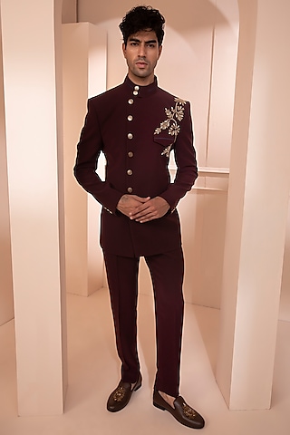 Wine Embroidered Bandhgala Jacket Set by Design O Stitch Men