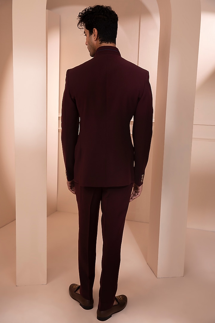 Wine Embroidered Wedding Bandhgala Jacket Set by Design O Stitch Men at Pernia's Pop Up Shop