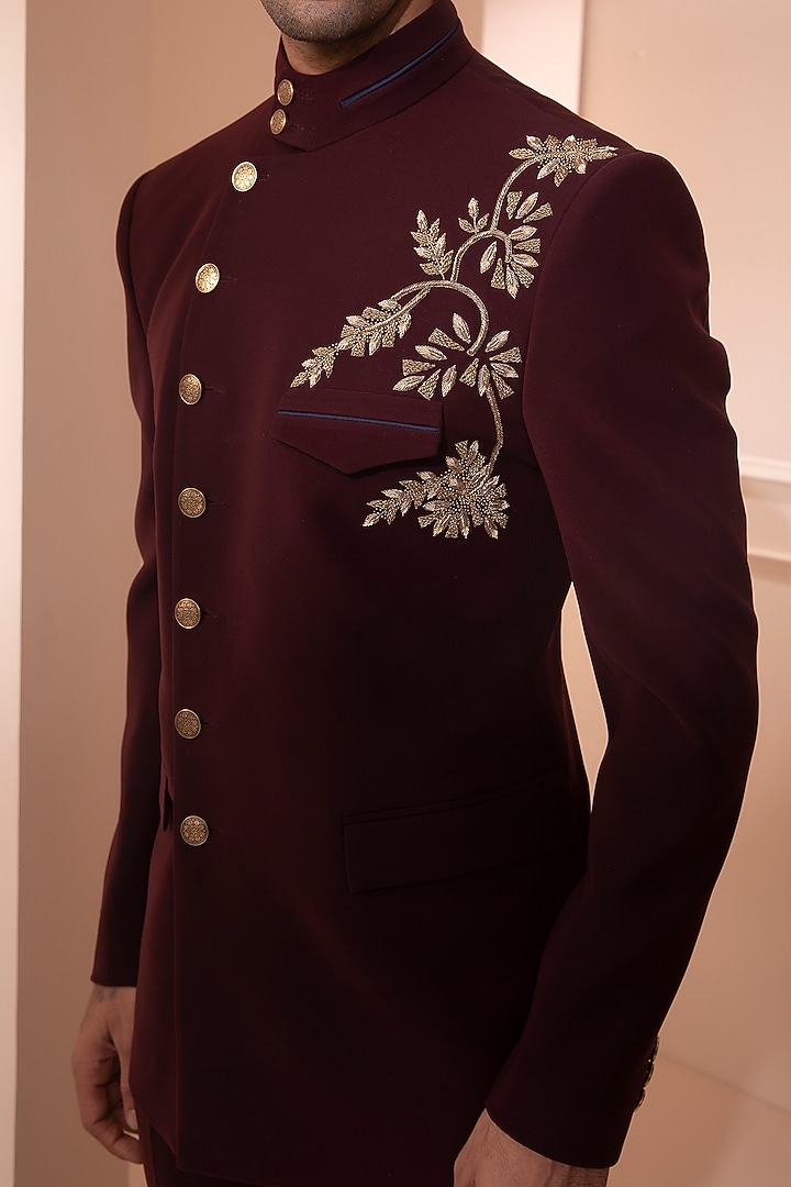 Wine Embroidered Wedding Bandhgala Jacket Set by Design O Stitch Men at Pernia's Pop Up Shop