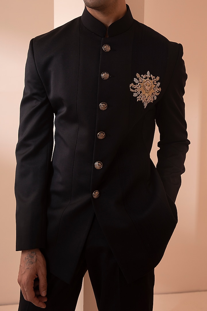 Black Suiting Embroidered Bandhgala Jacket Set by Design O Stitch Men