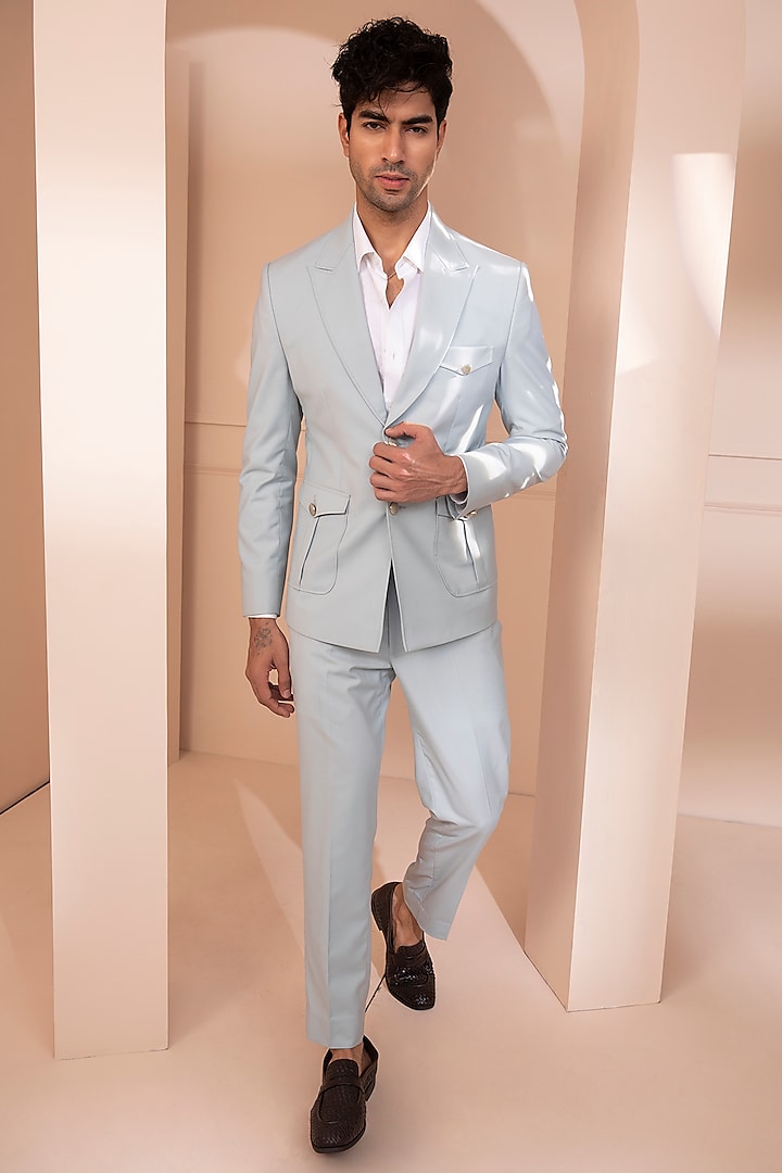 Sky Blue Suiting Blazer Set by Design O Stitch Men