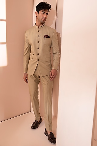 Camel Colored Suiting Bandhgala Set by Design O Stitch Men
