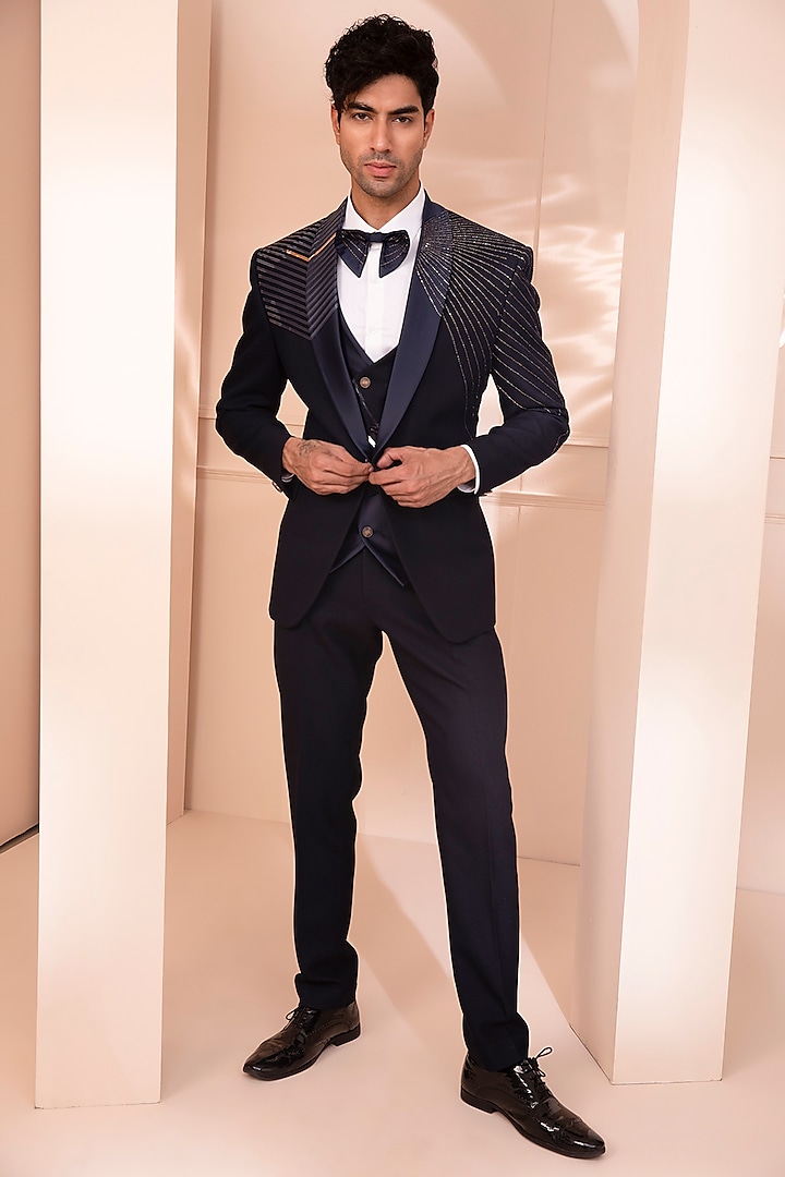 Navy Blue Embroidered Tuxedo Set With Waistcoat by Design O Stitch Men