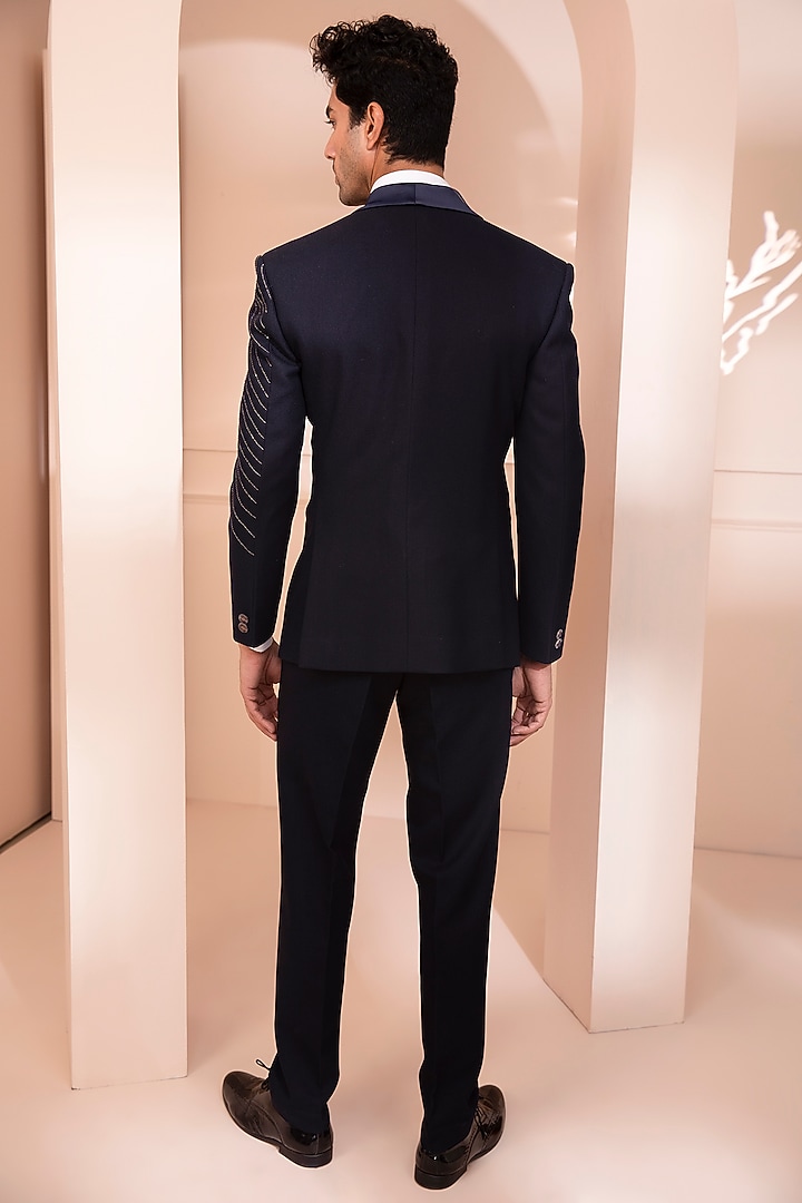Navy Blue Embroidered Tuxedo Set With Waistcoat by Design O Stitch Men at Pernia's Pop Up Shop