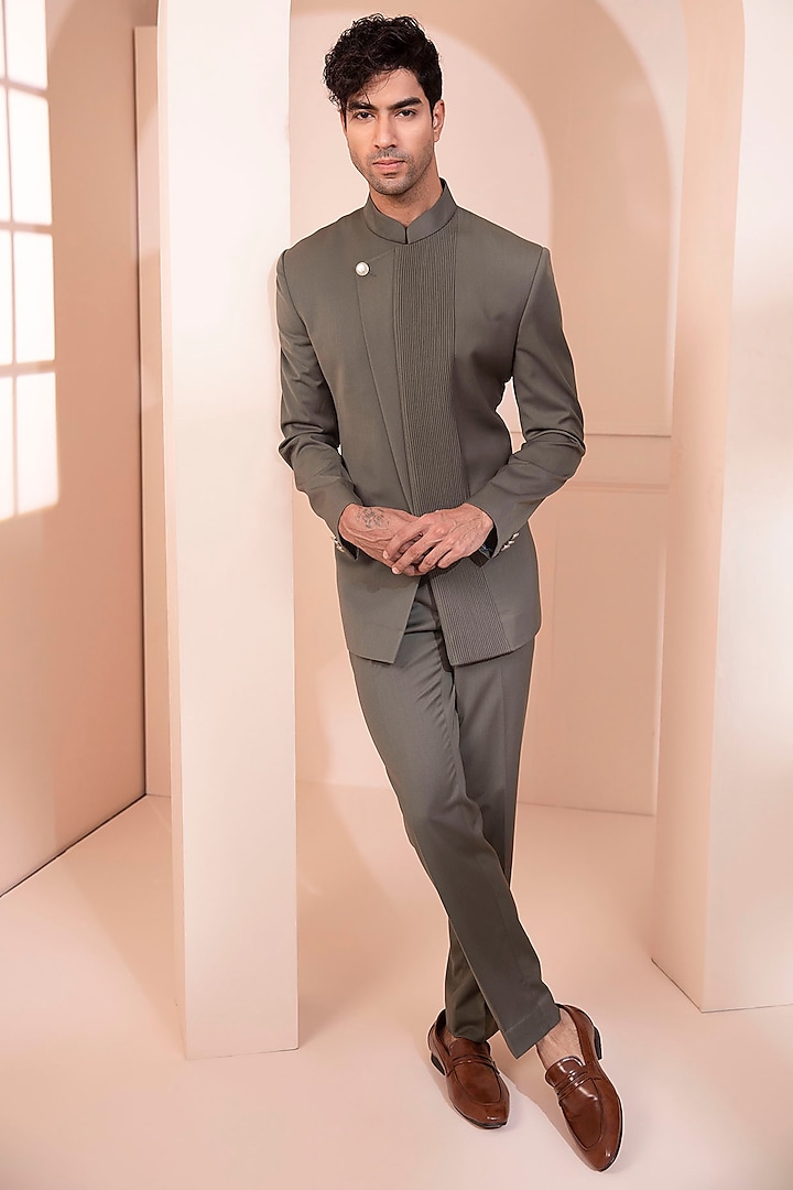 Olive Green Suiting Bandhgala Set by Design O Stitch Men