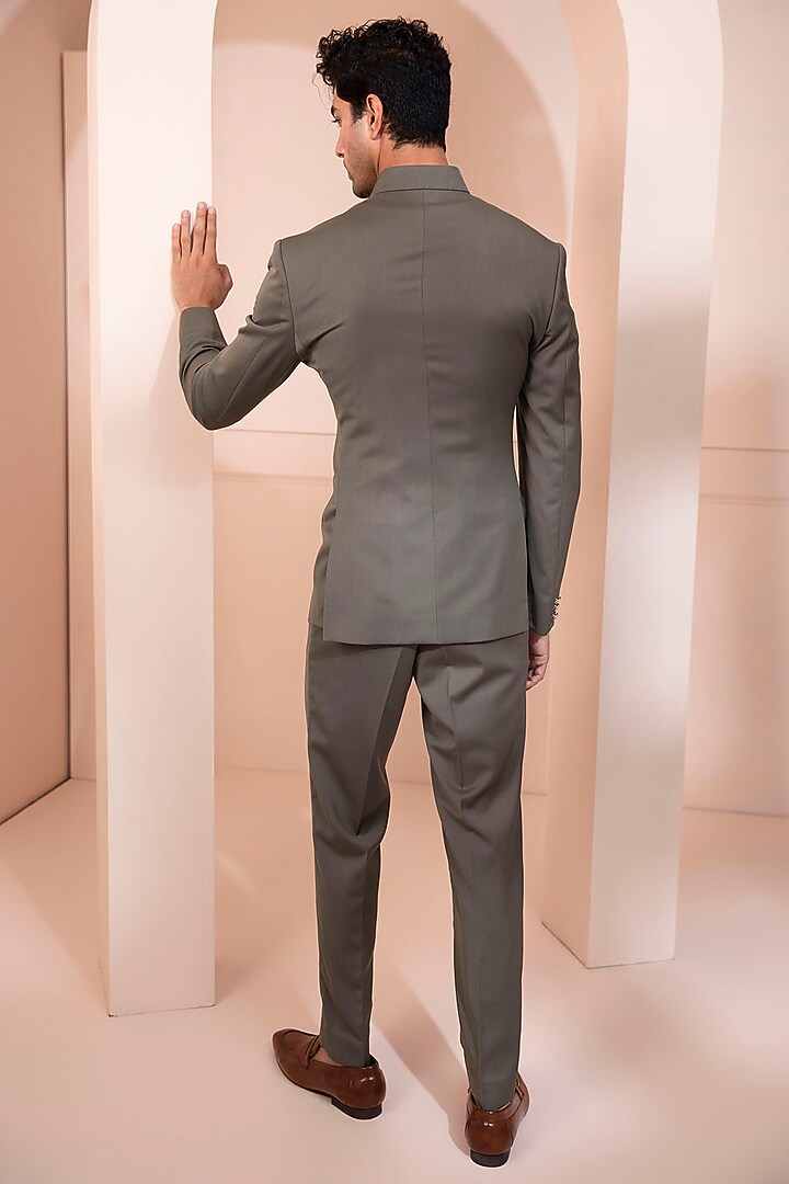 Olive Green Suiting Wedding Bandhgala Set by Design O Stitch Men at Pernia's Pop Up Shop