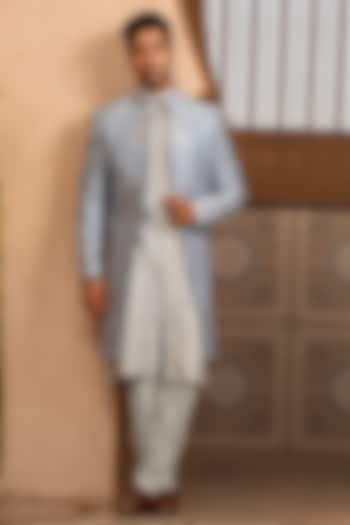 Sky Blue Textured Fabric Indo-Western Set by Design O Stitch Men at Pernia's Pop Up Shop