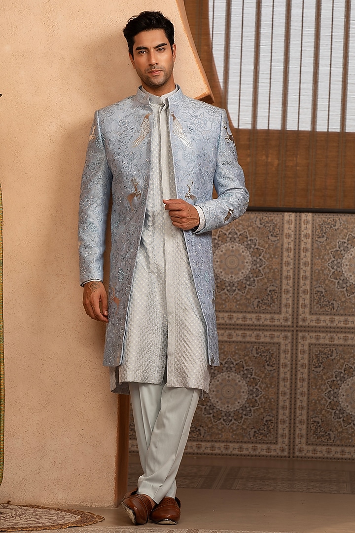 Sky Blue Textured Fabric Indo-Western Set by Design O Stitch Men at Pernia's Pop Up Shop