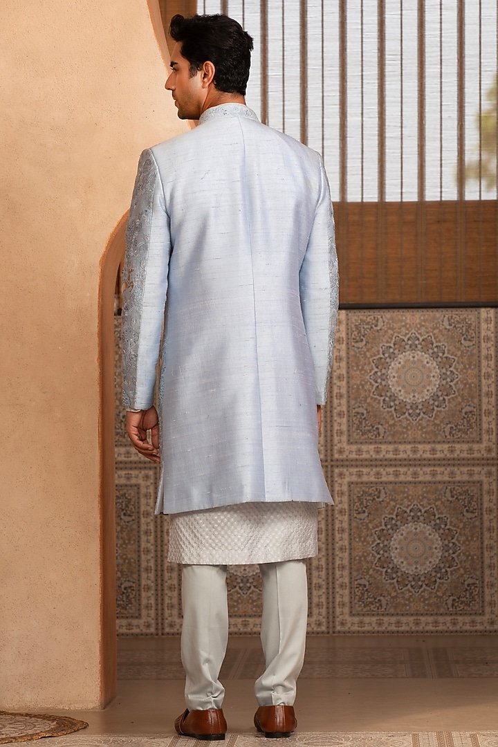 Sky Blue Textured Fabric Indo-Western Set by Design O Stitch Men at Pernia's Pop Up Shop