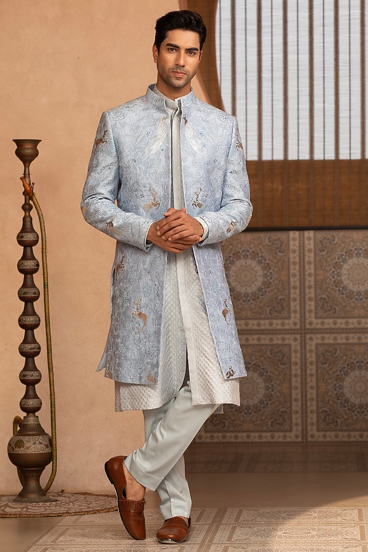 Sky Blue Textured Fabric Indo-Western Set by Design O Stitch Men at Pernia's Pop Up Shop