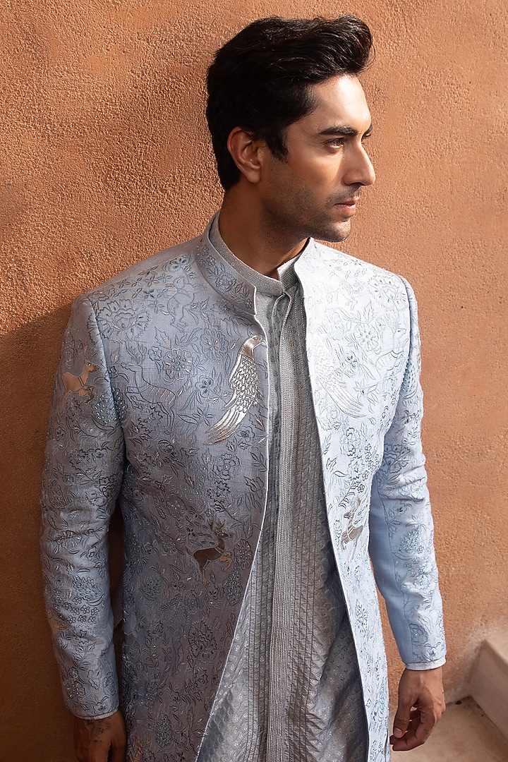 Sky Blue Textured Fabric Indo-Western Set by Design O Stitch Men at Pernia's Pop Up Shop