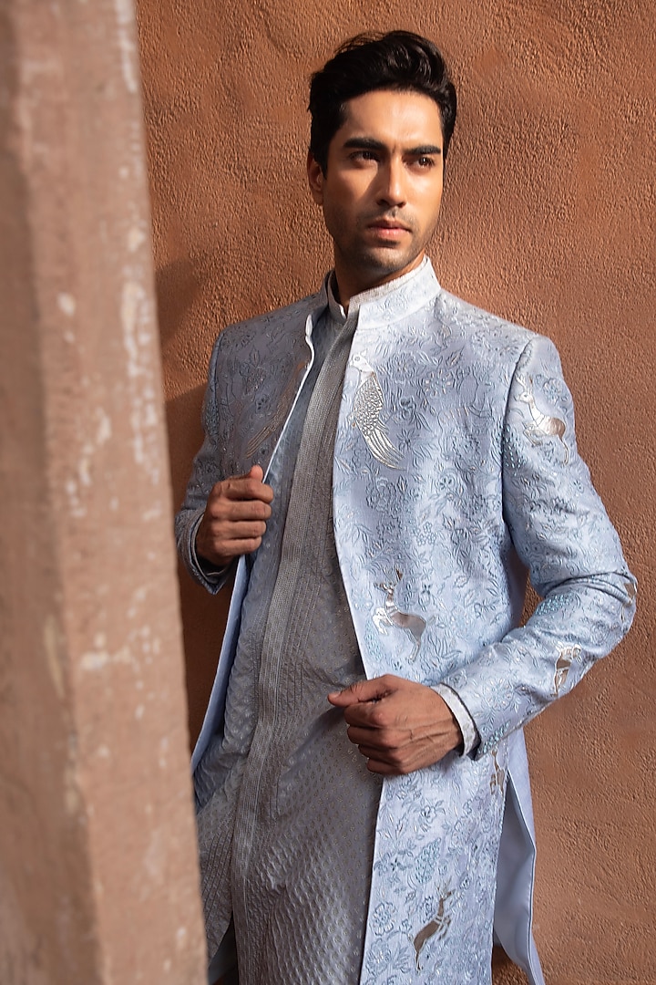 Sky Blue Textured Fabric Indo-Western Set by Design O Stitch Men at Pernia's Pop Up Shop