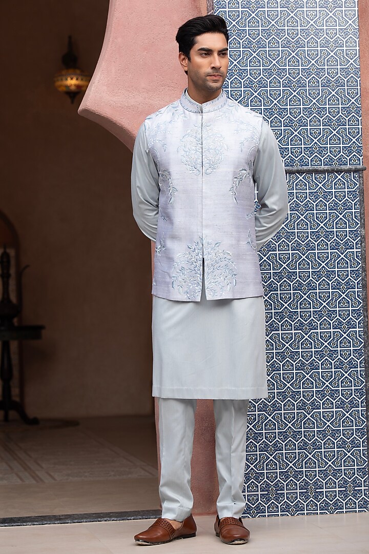 Sky Blue Suiting Thread Embroidered Nehru Jacket Set by Design O Stitch Men at Pernia's Pop Up Shop