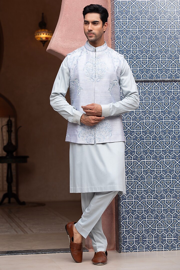 Sky Blue Suiting Thread Embroidered Nehru Jacket Set by Design O Stitch Men at Pernia's Pop Up Shop