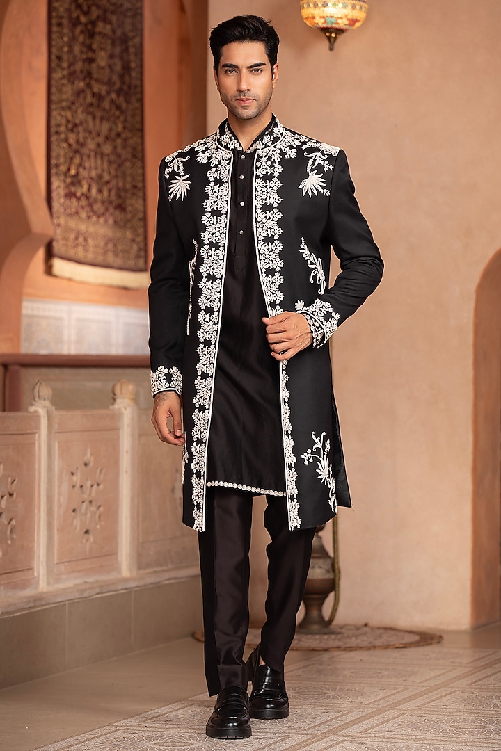 Black Japanese Suiting Floral Embroidered Indo-Western Set by Design O Stitch Men at Pernia's Pop Up Shop