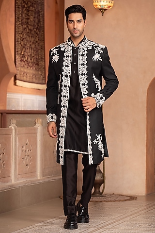 Black Japanese Suiting Floral Embroidered Indo-Western Set by Design O Stitch Men