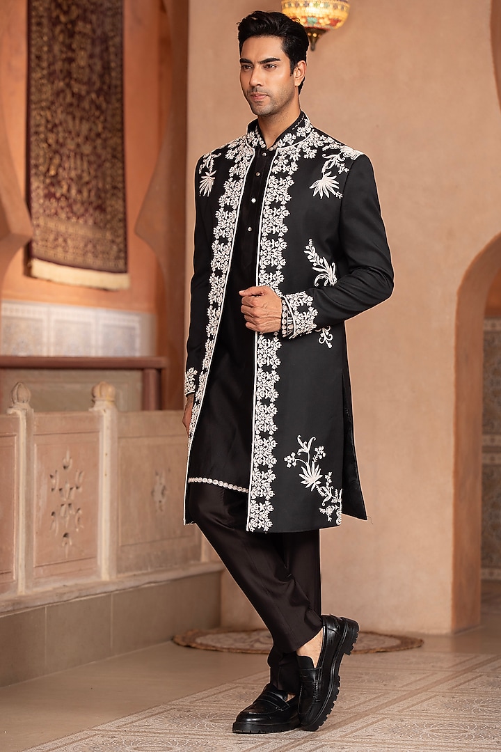 Black Japanese Suiting Floral Embroidered Indo-Western Set by Design O Stitch Men at Pernia's Pop Up Shop