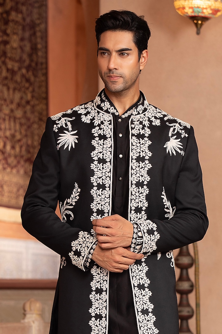 Black Japanese Suiting Floral Embroidered Indo-Western Set by Design O Stitch Men at Pernia's Pop Up Shop