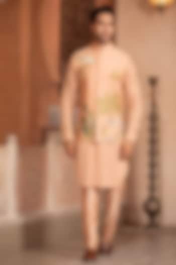 Peach Silk Embroidered Nehru Jacket Set by Design O Stitch Men at Pernia's Pop Up Shop