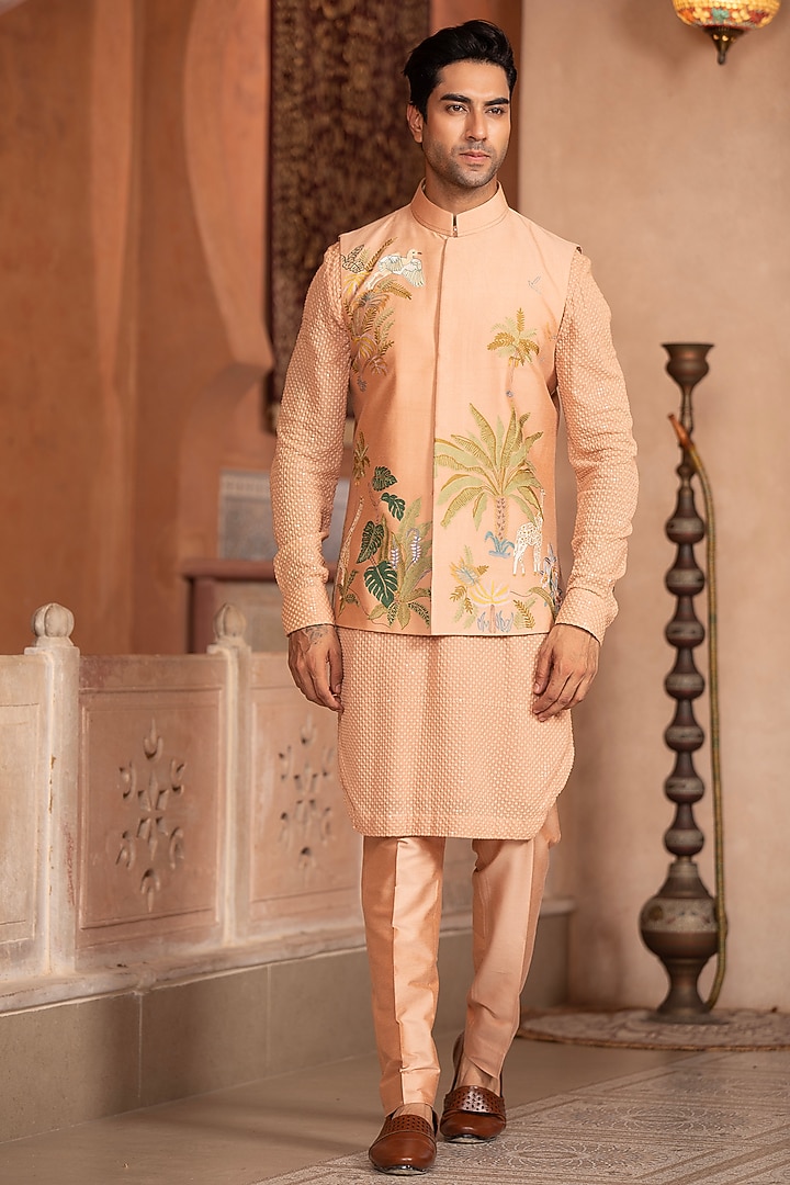 Peach Silk Embroidered Nehru Jacket Set by Design O Stitch Men at Pernia's Pop Up Shop