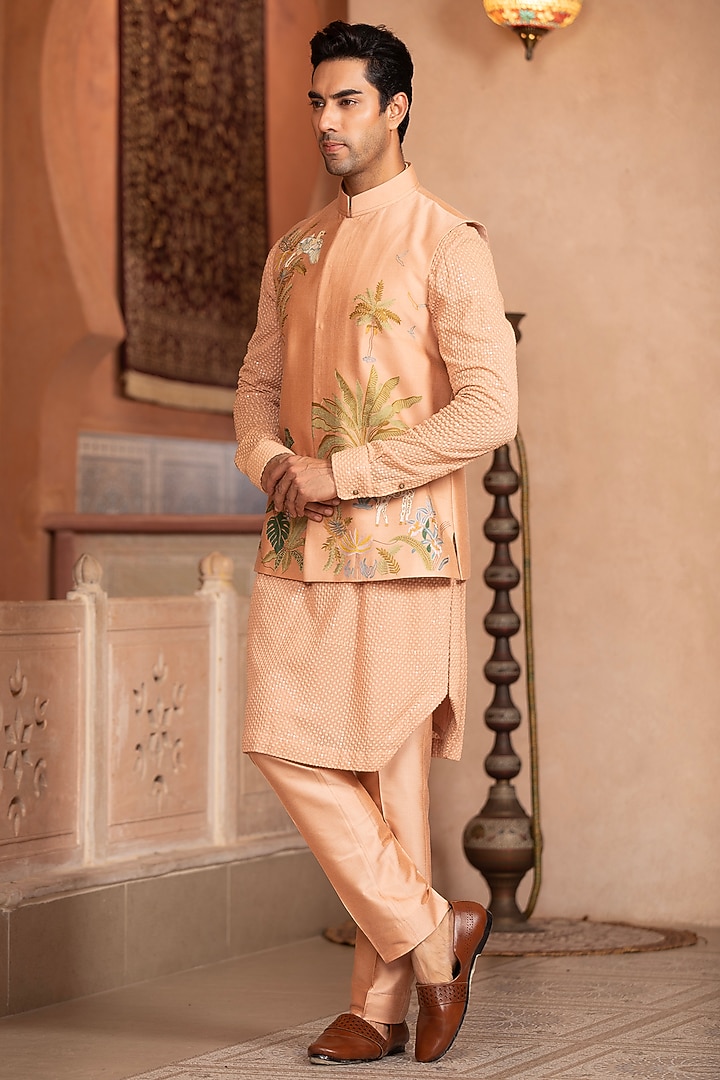 Peach Silk Embroidered Nehru Jacket Set by Design O Stitch Men at Pernia's Pop Up Shop