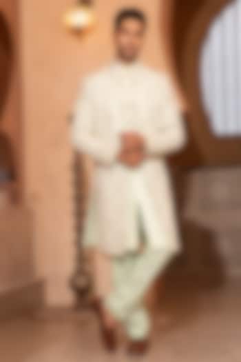 Mint Green Textured Fabric Embroidered Indo-Western Set by Design O Stitch Men at Pernia's Pop Up Shop