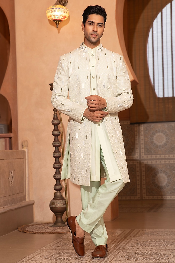 Mint Green Textured Fabric Embroidered Indo-Western Set by Design O Stitch Men at Pernia's Pop Up Shop