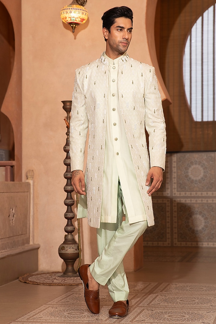 Mint Green Textured Fabric Embroidered Indo-Western Set by Design O Stitch Men at Pernia's Pop Up Shop