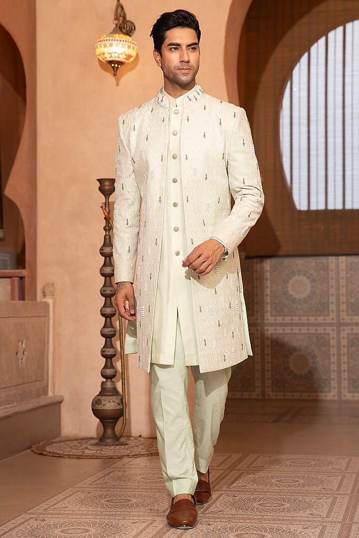 Mint Green Textured Fabric Embroidered Indo-Western Set by Design O Stitch Men at Pernia's Pop Up Shop