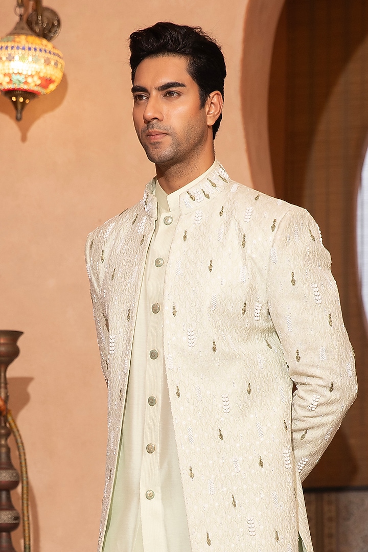 Mint Green Textured Fabric Embroidered Indo-Western Set by Design O Stitch Men at Pernia's Pop Up Shop