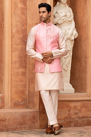Pink Chanderi Silk Leather Work Nehru Jacket Set by Design O Stitch Men