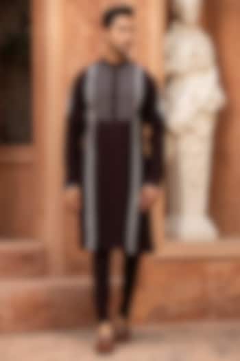 Deep Brown Japanese Suiting Embroidered Kurta Set by Design O Stitch Men at Pernia's Pop Up Shop