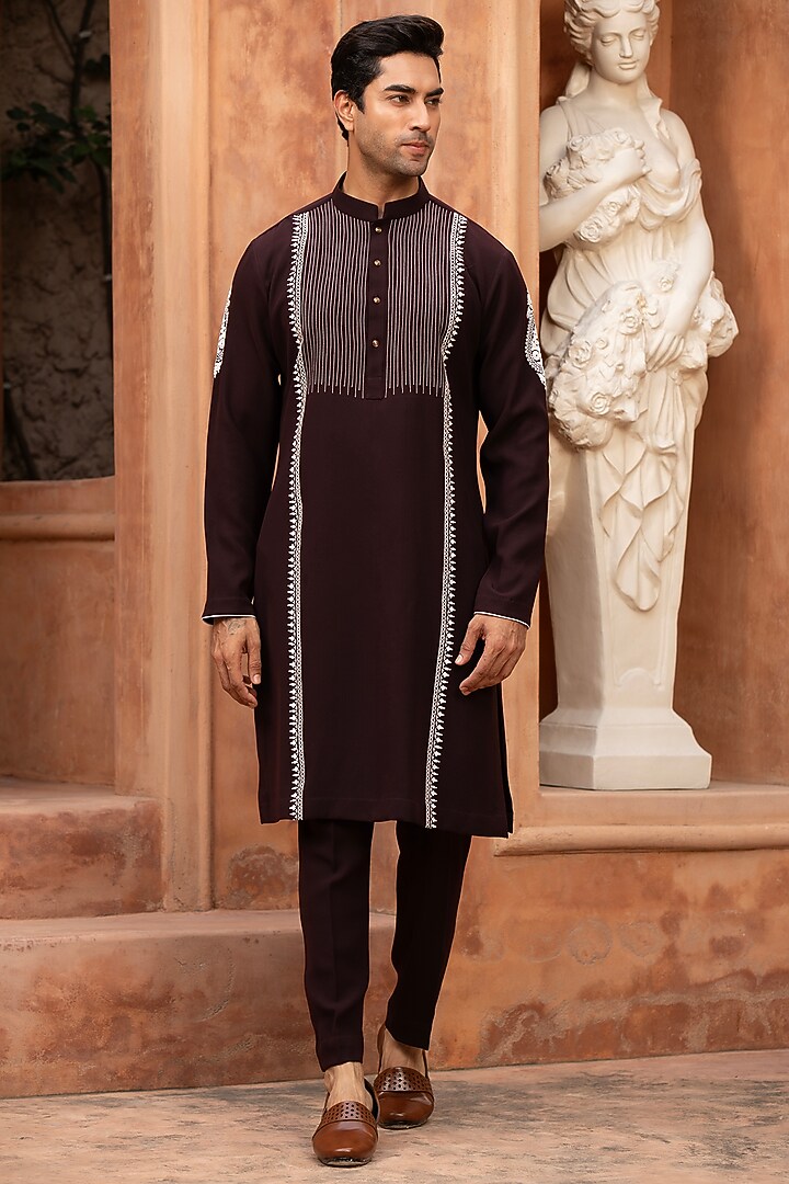 Deep Brown Japanese Suiting Embroidered Kurta Set by Design O Stitch Men at Pernia's Pop Up Shop