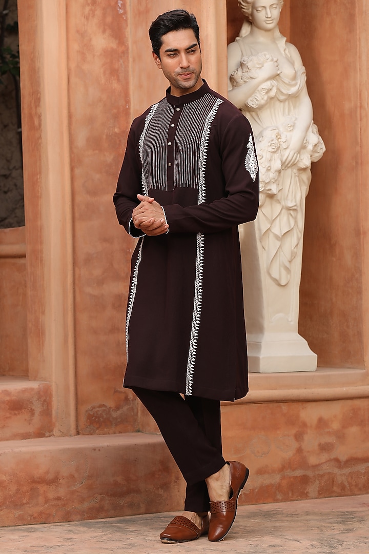 Deep Brown Japanese Suiting Embroidered Kurta Set by Design O Stitch Men at Pernia's Pop Up Shop