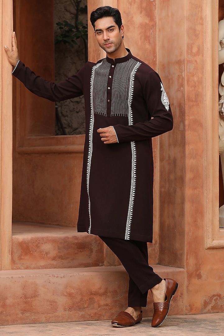 Deep Brown Japanese Suiting Embroidered Kurta Set by Design O Stitch Men at Pernia's Pop Up Shop