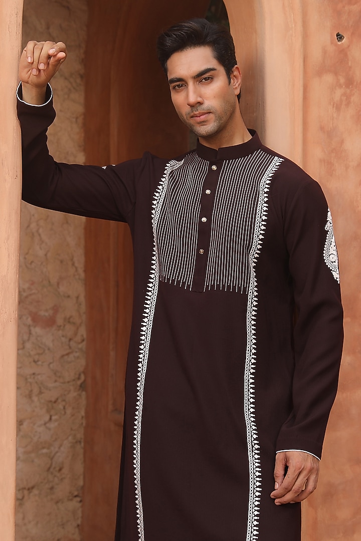 Deep Brown Japanese Suiting Embroidered Kurta Set by Design O Stitch Men at Pernia's Pop Up Shop