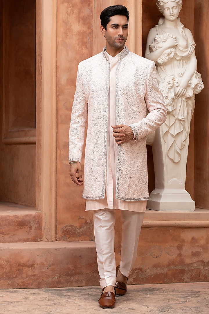 Blush Pink Sequins Hand Embroidered Indo-Western Set by Design O Stitch Men at Pernia's Pop Up Shop