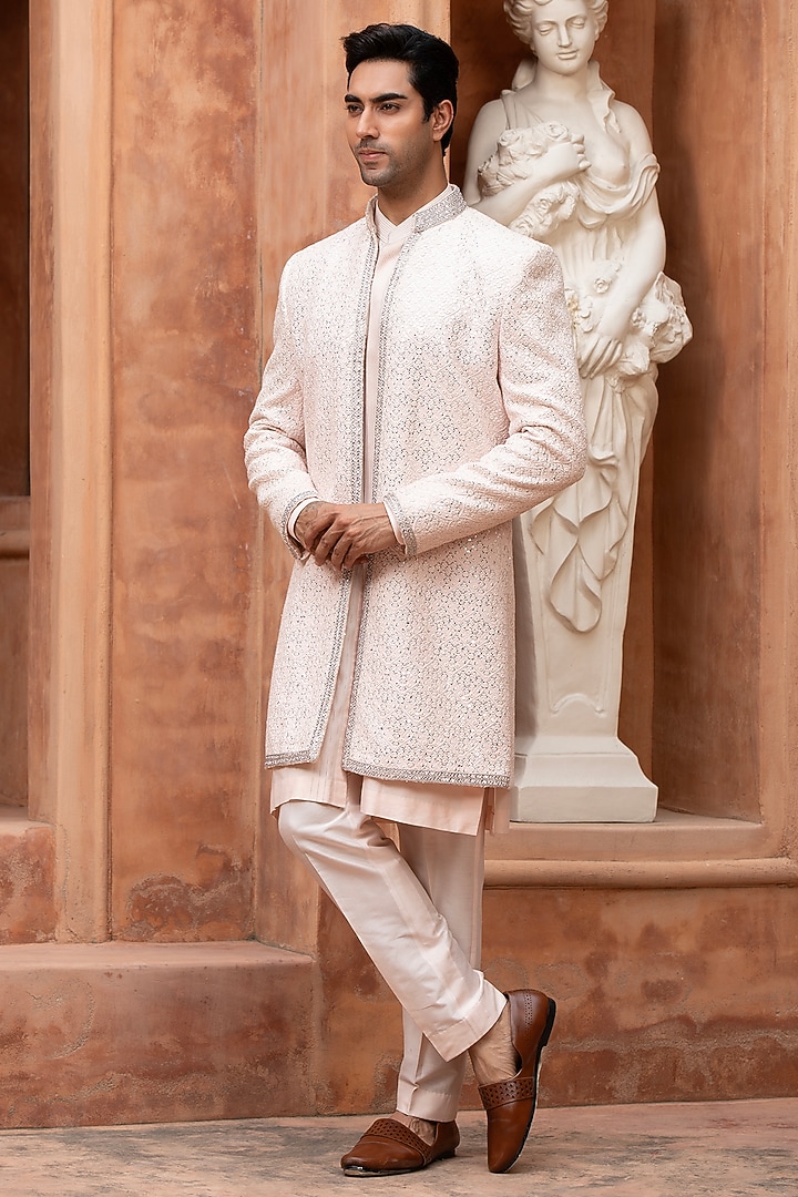 Blush Pink Sequins Hand Embroidered Indo-Western Set by Design O Stitch Men at Pernia's Pop Up Shop