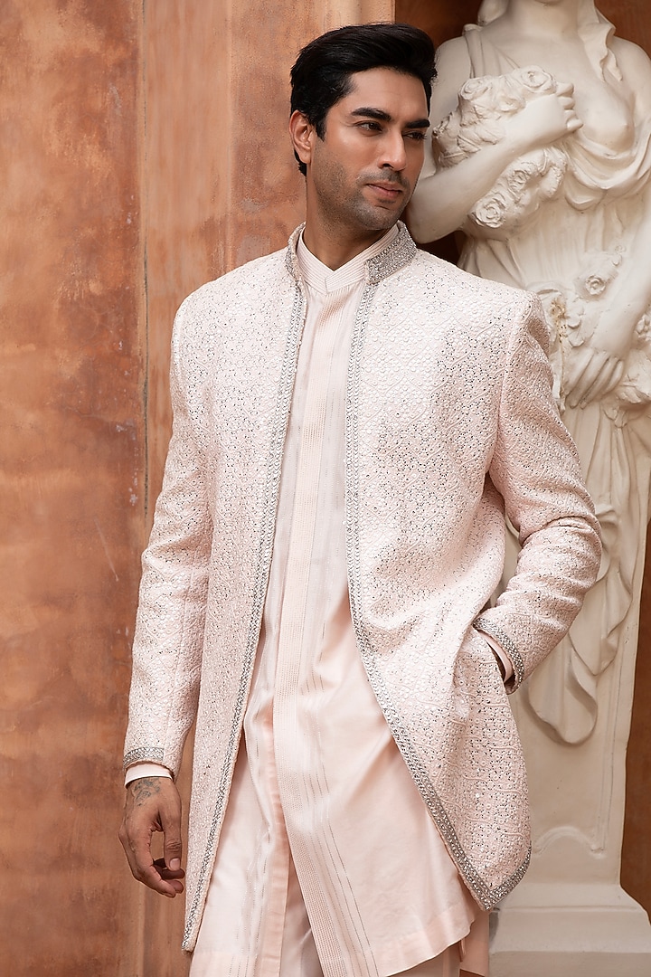 Blush Pink Sequins Hand Embroidered Indo-Western Set by Design O Stitch Men at Pernia's Pop Up Shop
