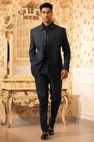 Teal Blue Japanese Suting Bandhgala Set by Design O Stitch Men