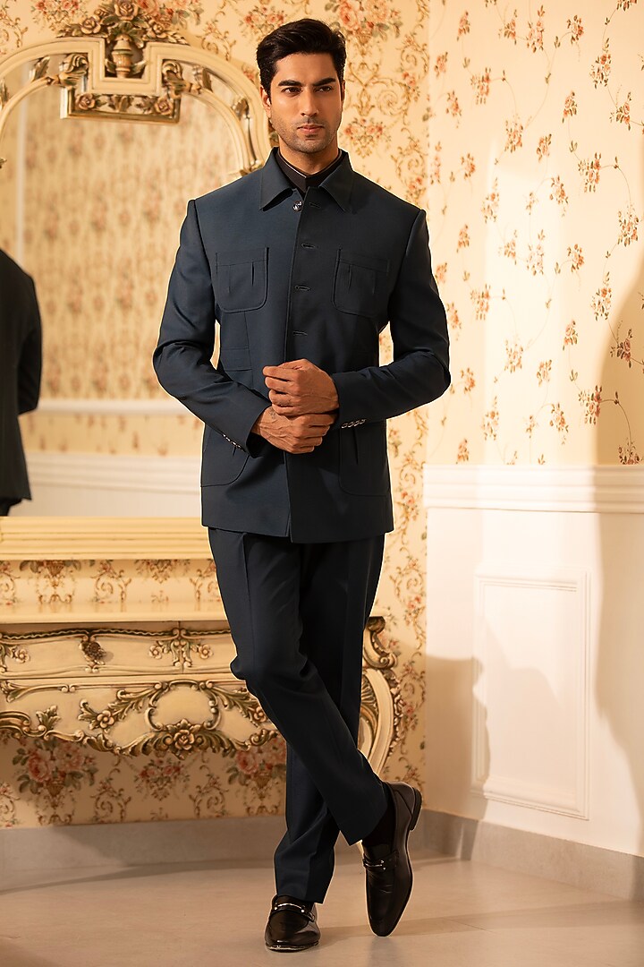 Teal Blue Japanese Suting Wedding Bandhgala Set by Design O Stitch Men at Pernia's Pop Up Shop